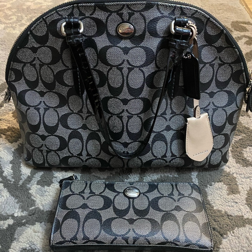 Black Coach handbag purse and zip wallet - black